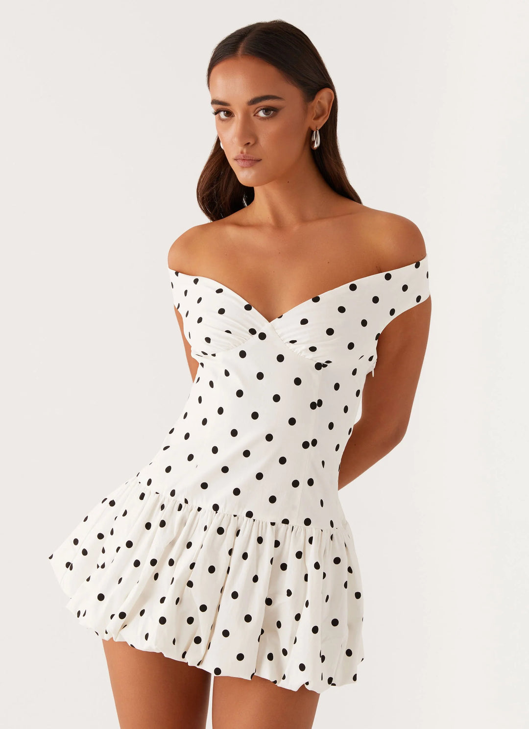 Polka Dot Peplum Mini Dress with Off-Shoulder Neckline for Women