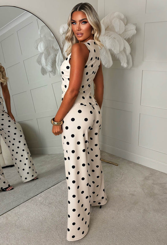 Polka Dot Two-Piece Vest Set with Wide-Leg Pants for Women