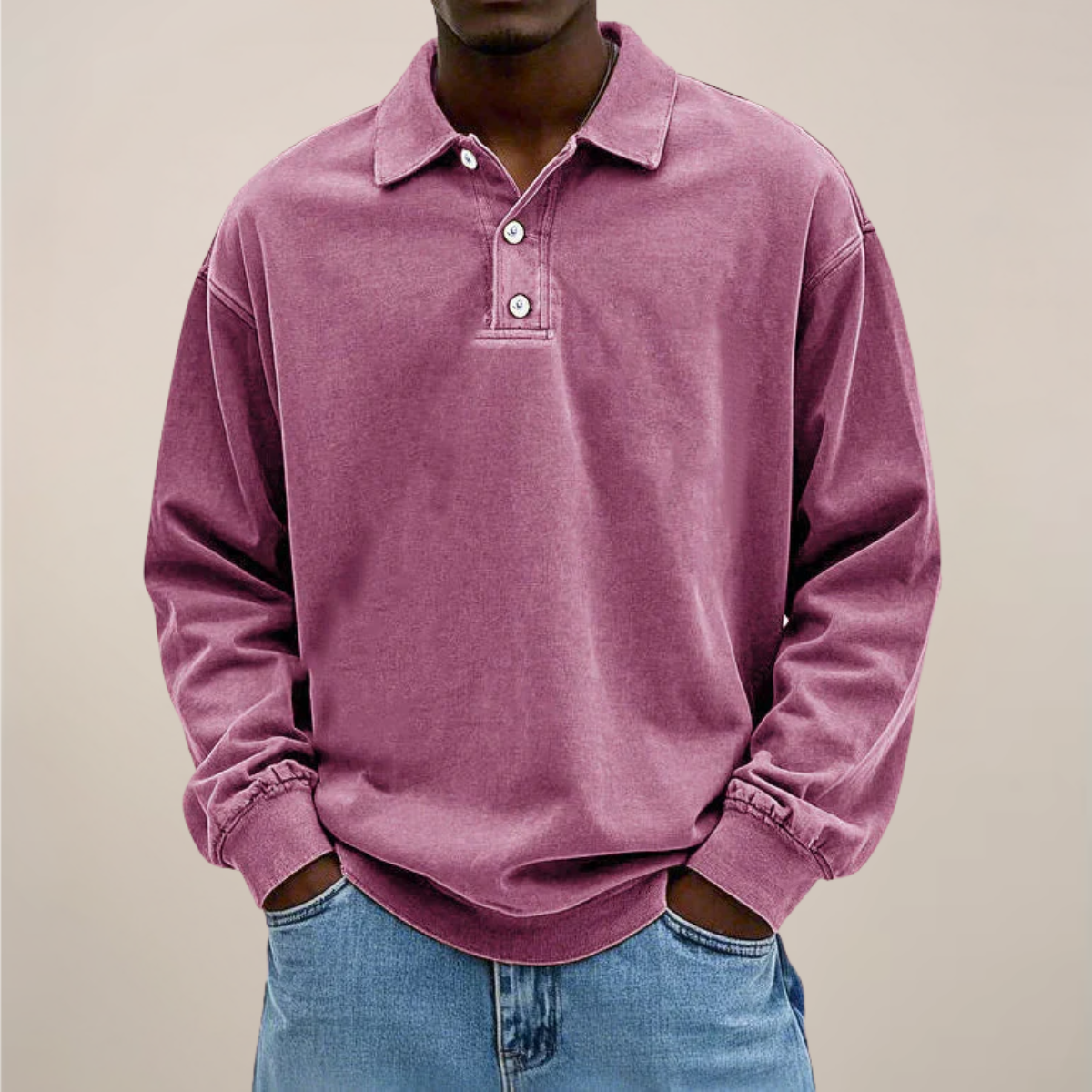 Polo Shirt with Long Sleeves and Gathered Cuffs for Men