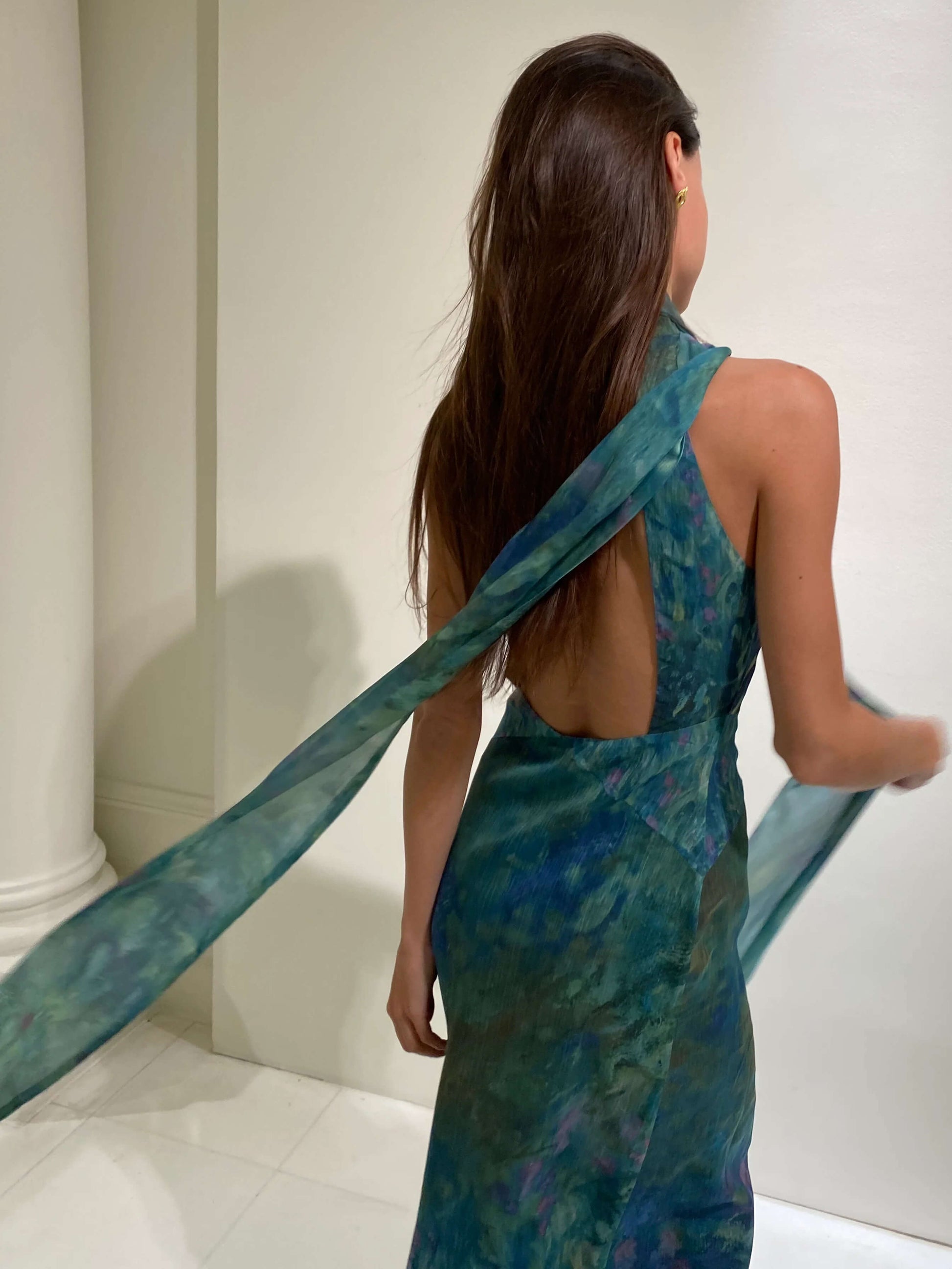 Printed Halter Maxi Dress with Keyhole Front for Women