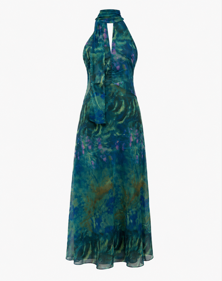 Printed Halter Maxi Dress with Keyhole Front for Women