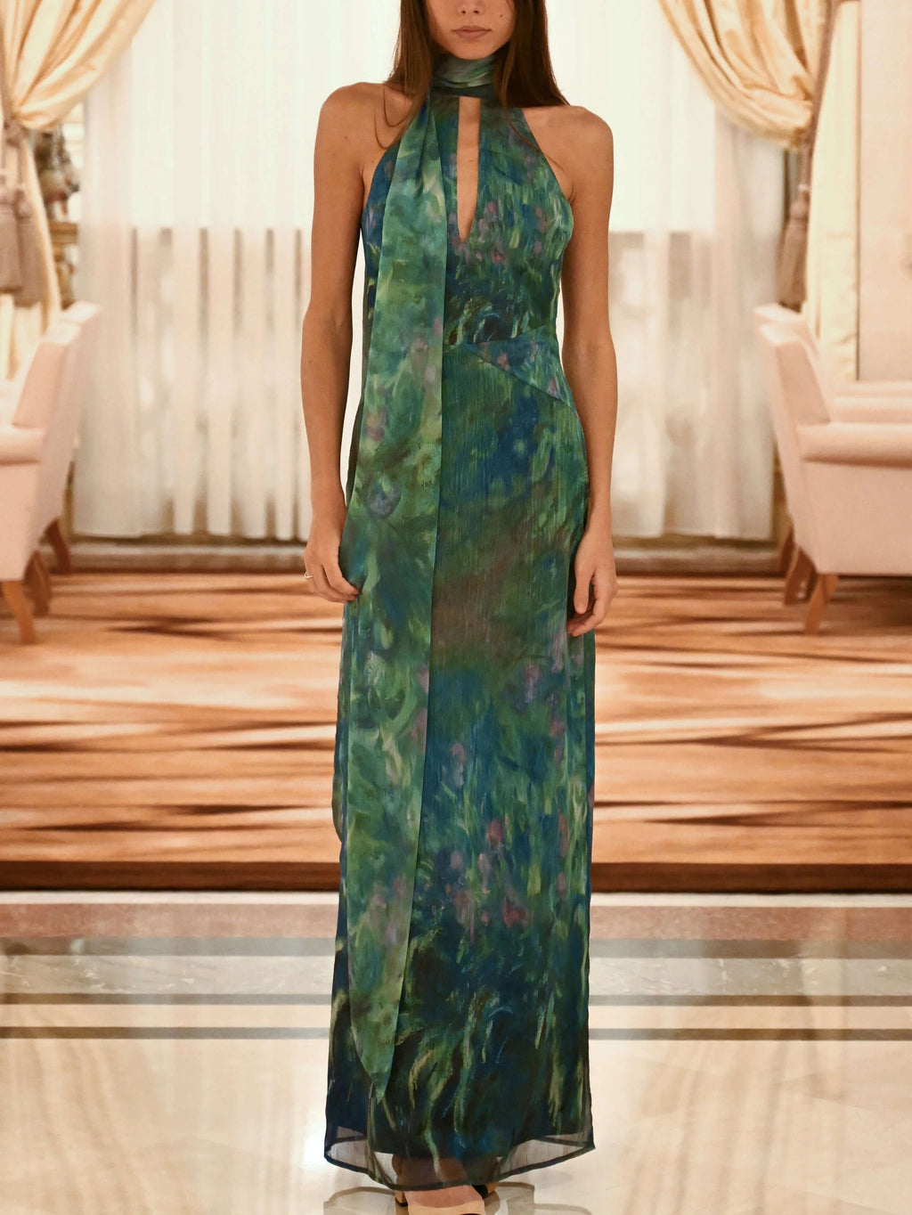 Printed Halter Maxi Dress with Keyhole Front for Women