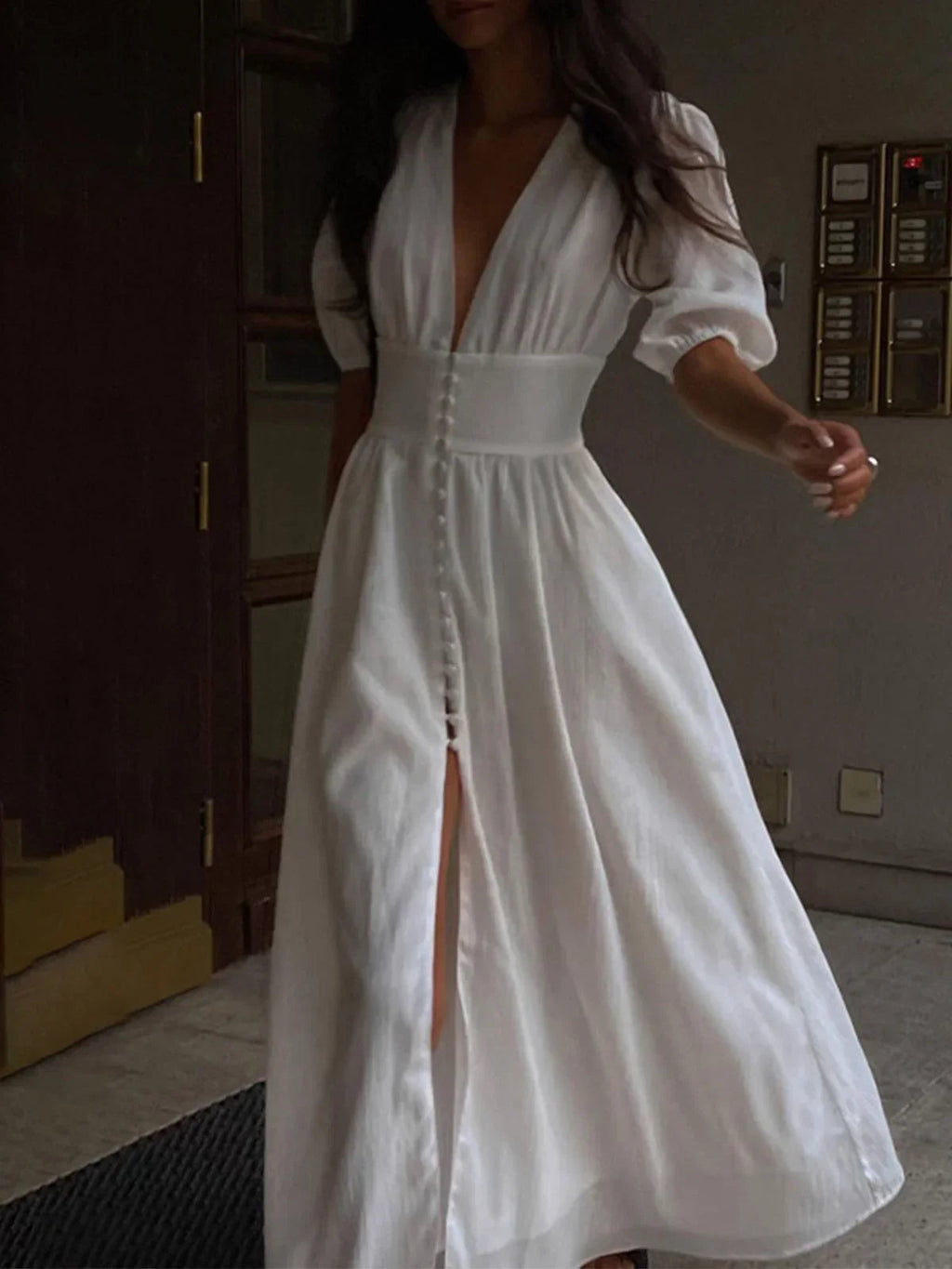 Puff Sleeve Button-Front Maxi Dress with Front Slit for Women