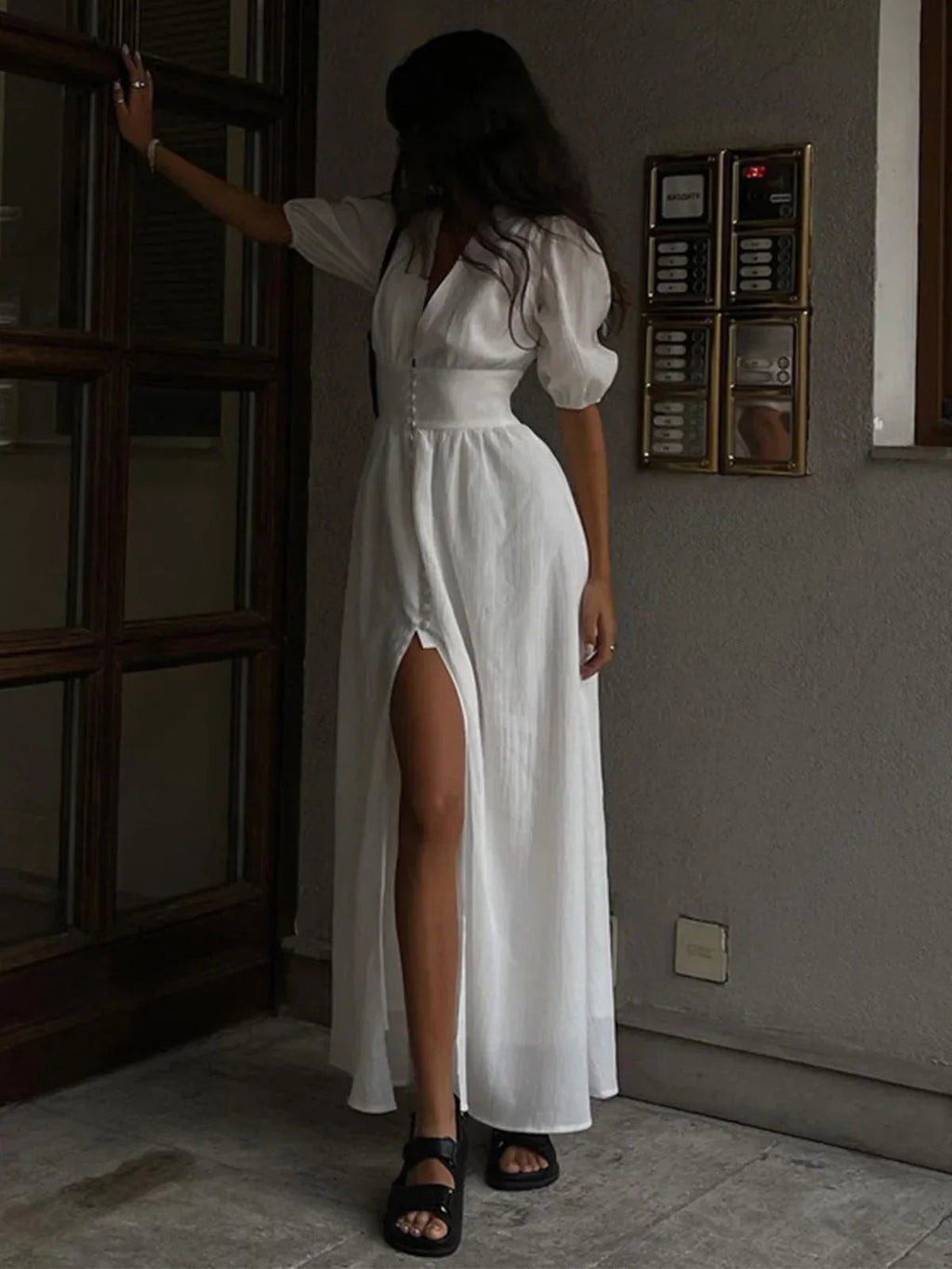 Puff Sleeve Button-Front Maxi Dress with Front Slit for Women