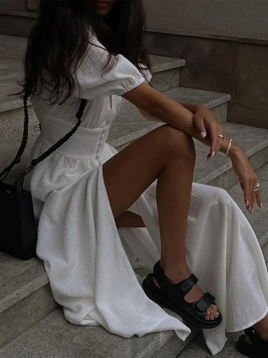Puff Sleeve Button-Front Maxi Dress with Front Slit for Women