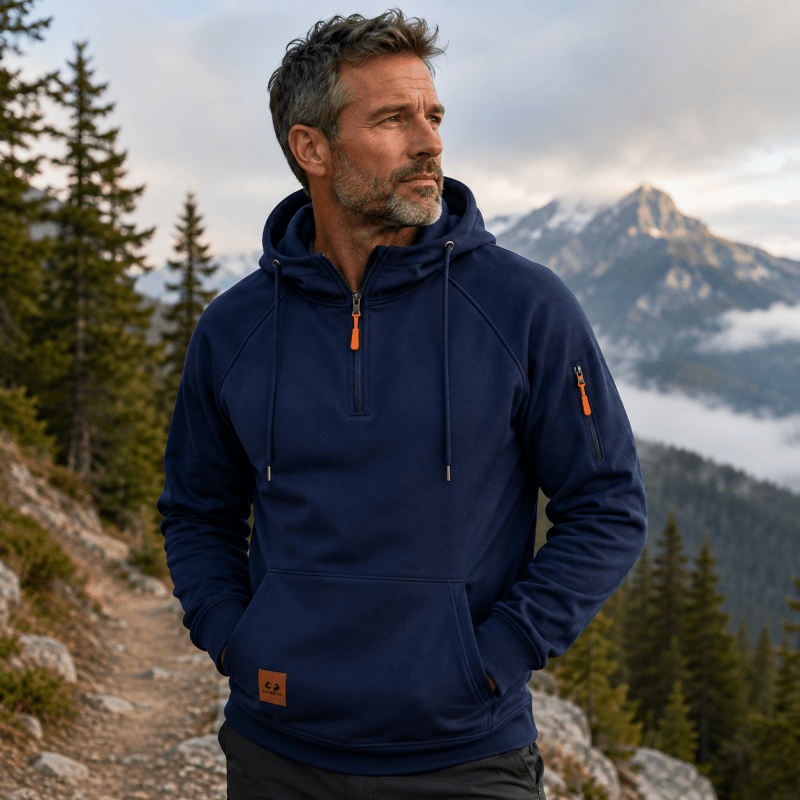 Quarter Zip Hoodie with Drawstring Hood and Pocket for Mens