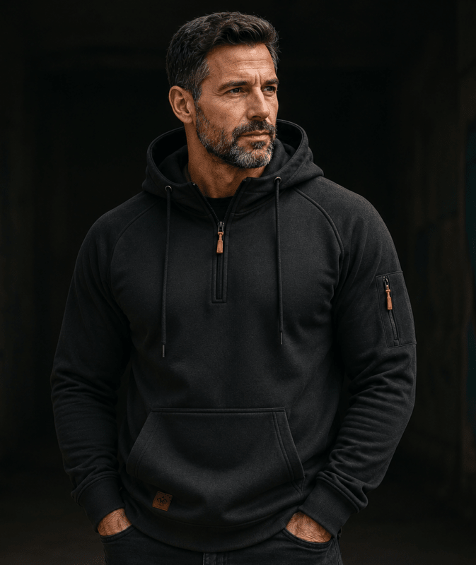 Quarter Zip Hoodie with Drawstring Hood and Pocket for Mens