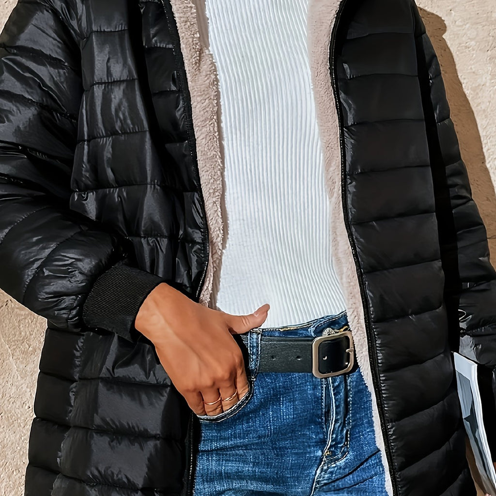 Quilted Coat with Plush Lining and Zip Front for Womens