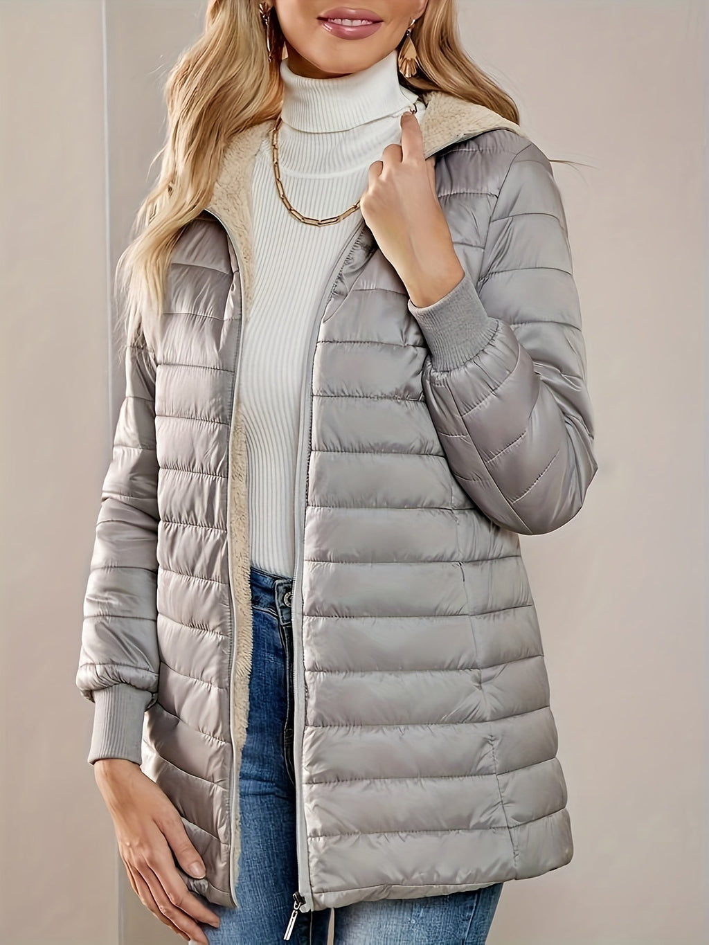 Quilted Coat with Plush Lining and Zip Front for Womens