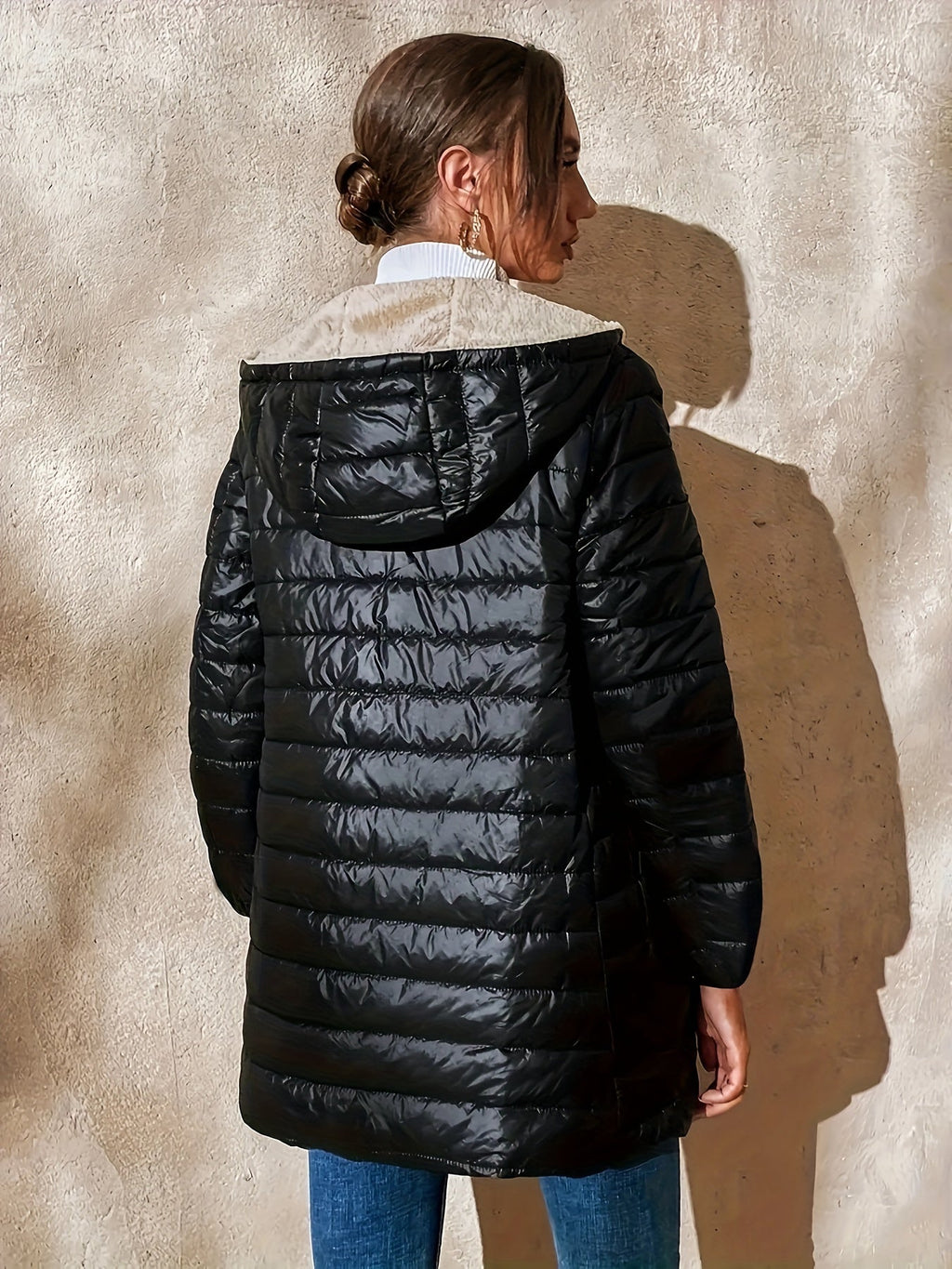 Quilted Coat with Plush Lining and Zip Front for Womens