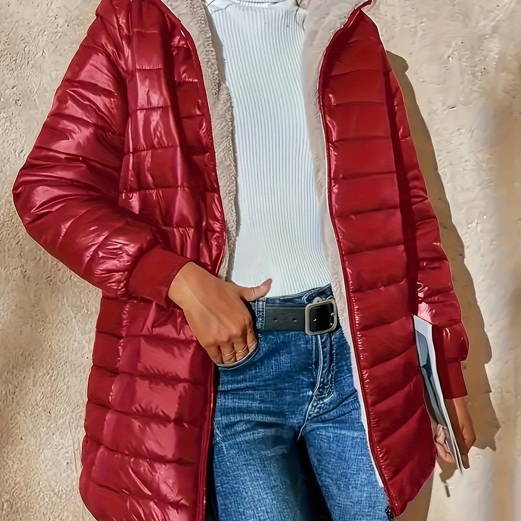 Quilted Coat with Plush Lining and Zip Front for Womens