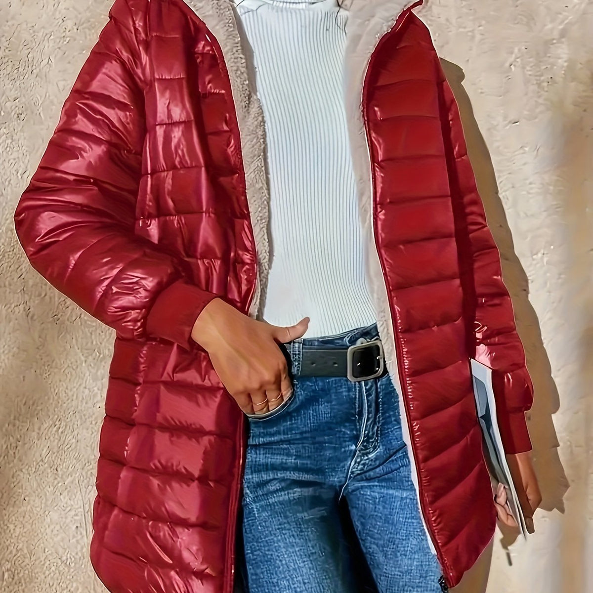 Quilted Coat with Plush Lining and Zip Front for Womens