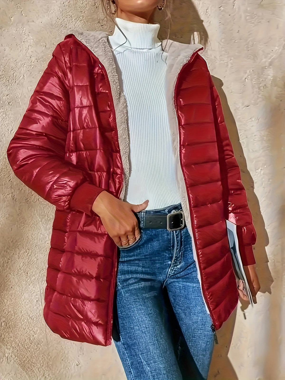 Quilted Coat with Plush Lining and Zip Front for Womens