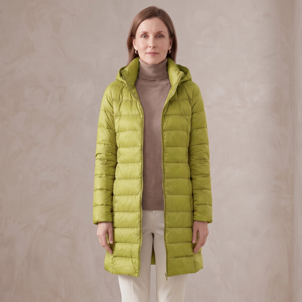 Quilted Long Puffer Jacket with Oversized Attached Hood for Women