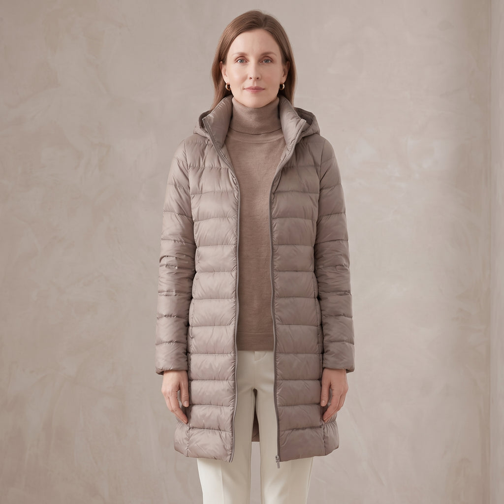 Quilted Long Puffer Jacket with Oversized Attached Hood for Women