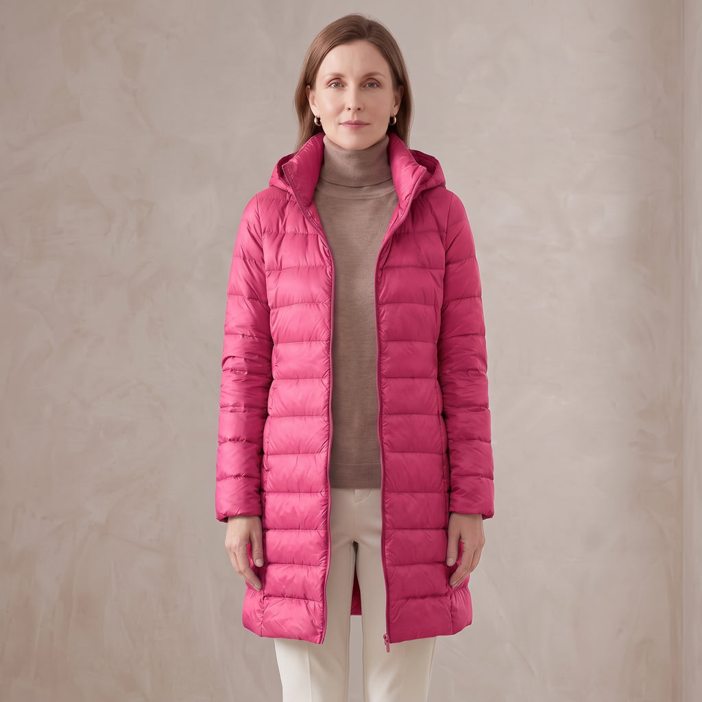 Quilted Long Puffer Jacket with Oversized Attached Hood for Women