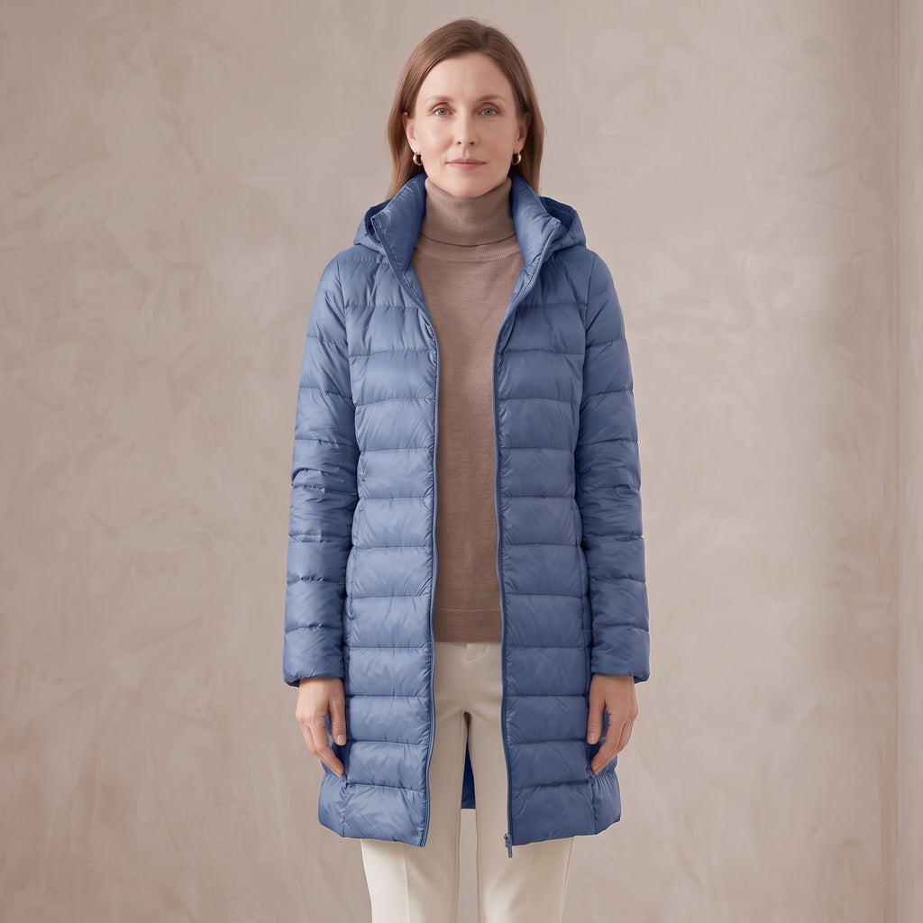 Quilted Long Puffer Jacket with Oversized Attached Hood for Women