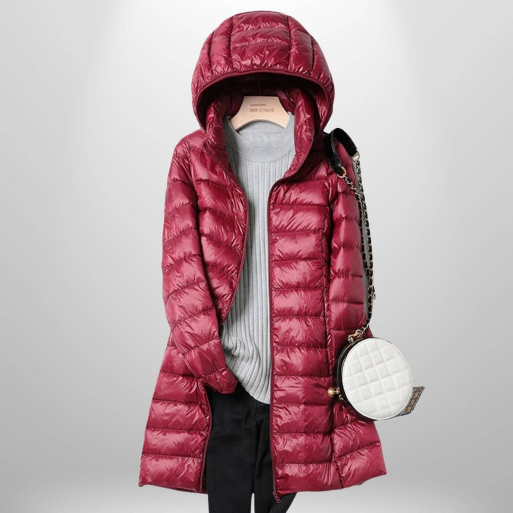 Quilted Long Puffer Jacket with Oversized Attached Hood for Women