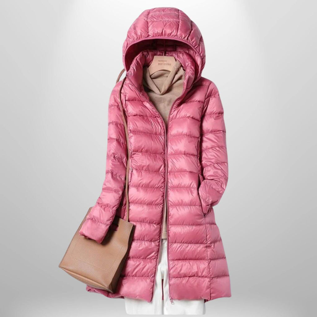 Quilted Long Puffer Jacket with Oversized Attached Hood for Women