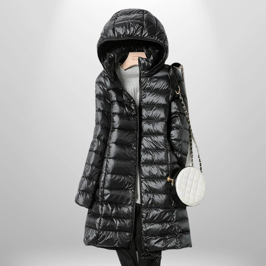 Quilted Long Puffer Jacket with Oversized Attached Hood for Women