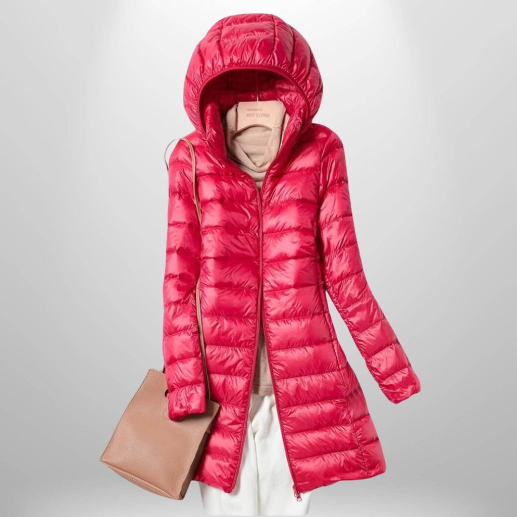Quilted Long Puffer Jacket with Oversized Attached Hood for Women