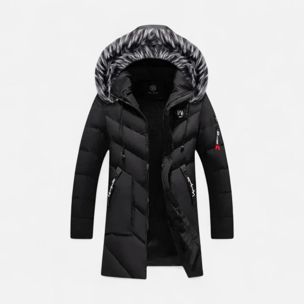 Quilted Parka with Faux Fur Trim and Zip Pockets for Men