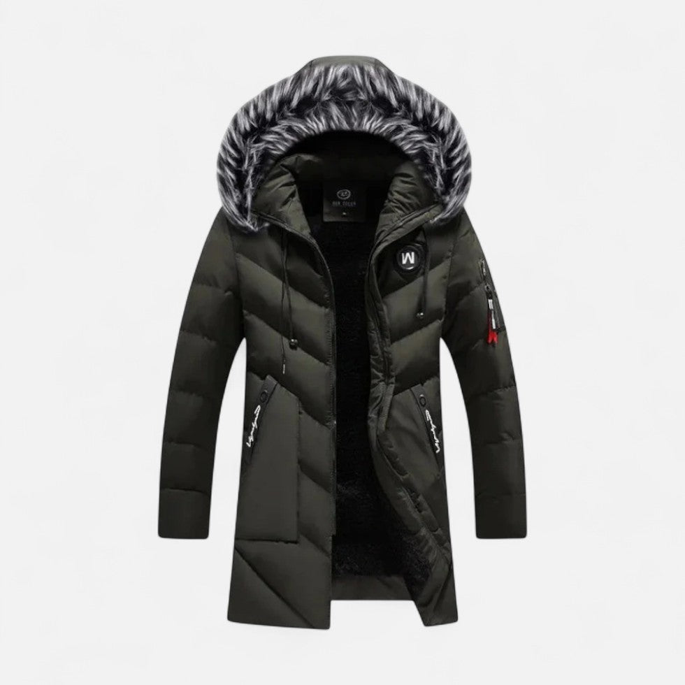 Quilted Parka with Faux Fur Trim and Zip Pockets for Men