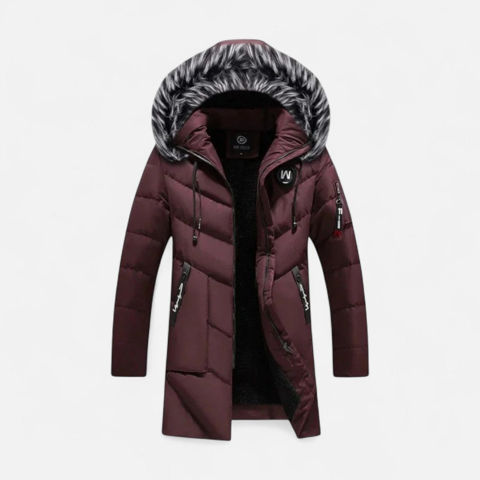 Quilted Parka with Faux Fur Trim and Zip Pockets for Men
