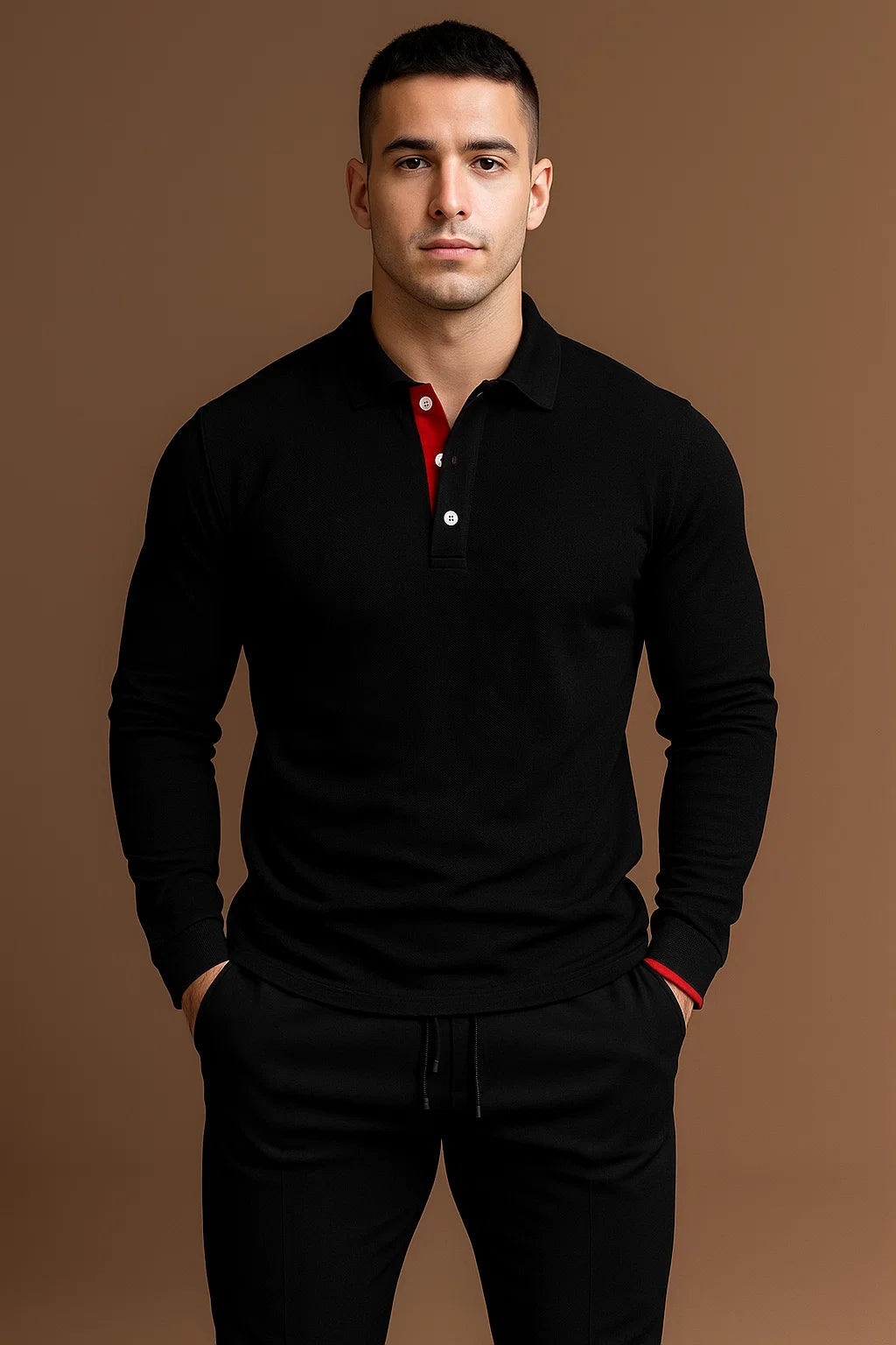 Polo Shirt with Contrast Placket and Long Sleeves for men
