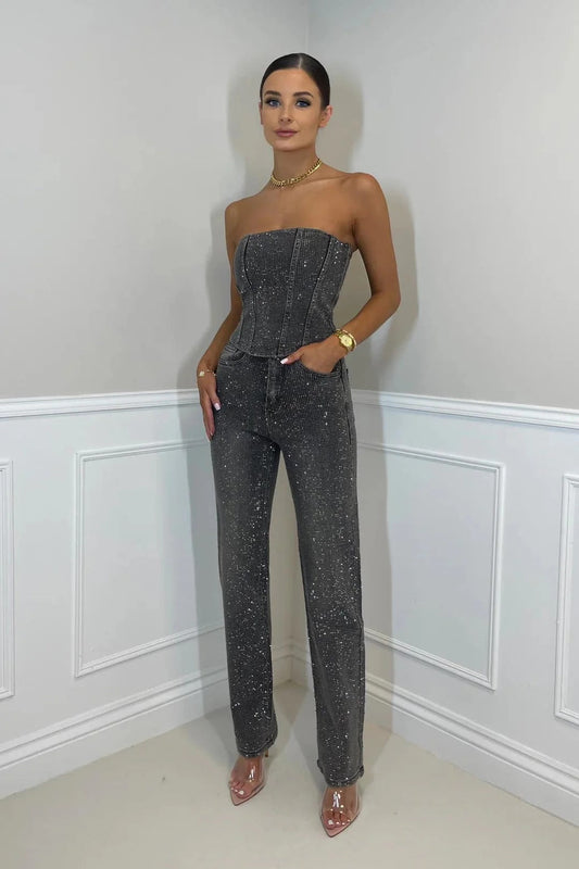 Reflective Embellished Two-Piece Top and Pants Set with Wide-Leg Pants for Women