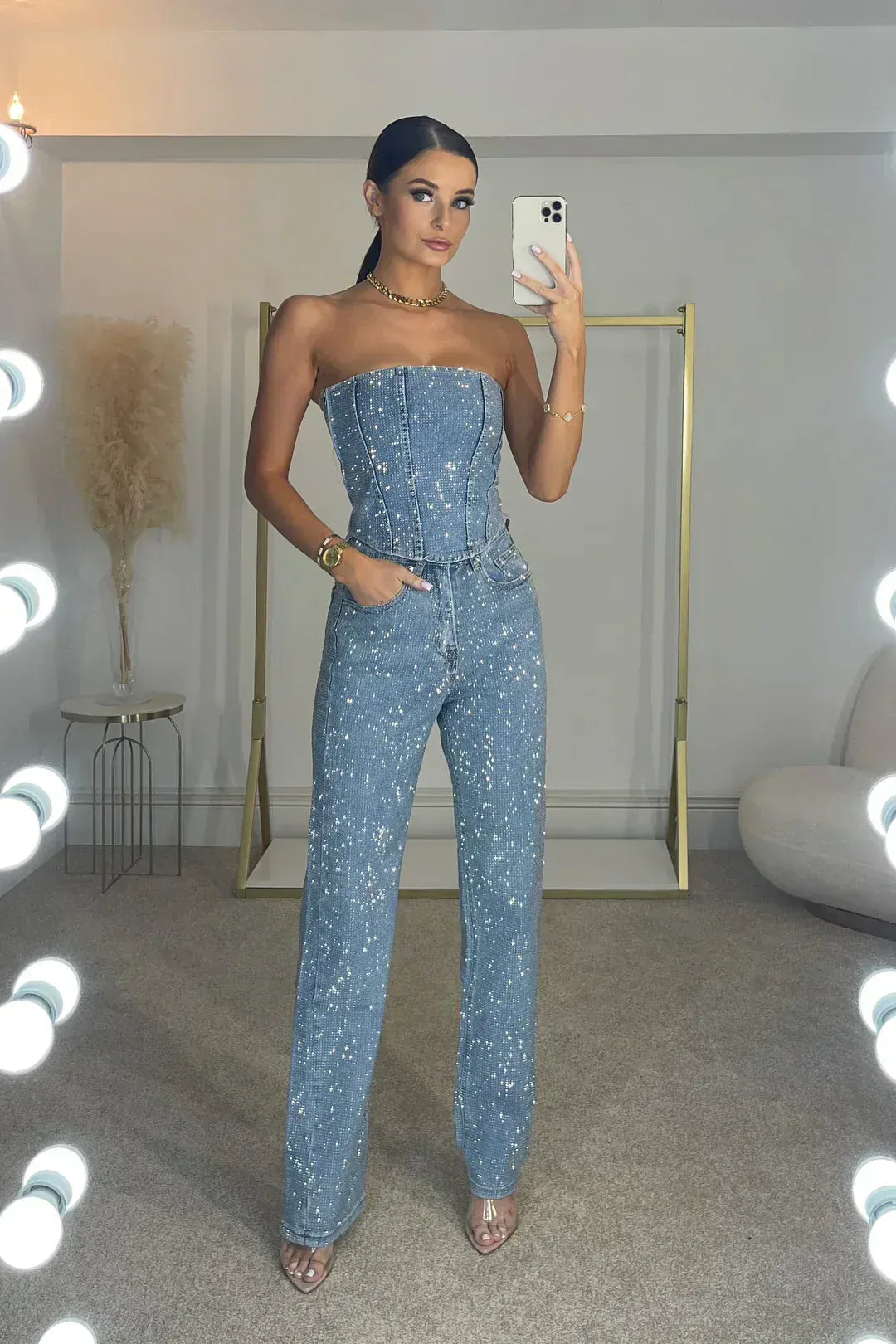Reflective Embellished Two-Piece Top and Pants Set with Wide-Leg Pants for Women
