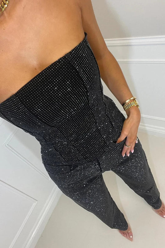 Reflective Embellished Two-Piece Top and Pants Set with Wide-Leg Pants for Women