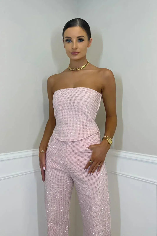 Reflective Embellished Two-Piece Top and Pants Set with Wide-Leg Pants for Women