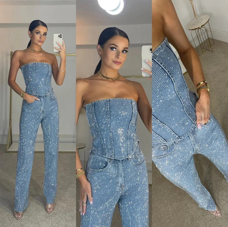 Reflective Embellished Two-Piece Top and Pants Set with Wide-Leg Pants for Women