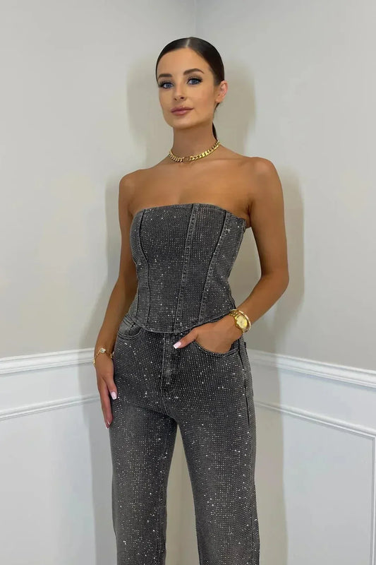Reflective Embellished Two-Piece Top and Pants Set with Wide-Leg Pants for Women