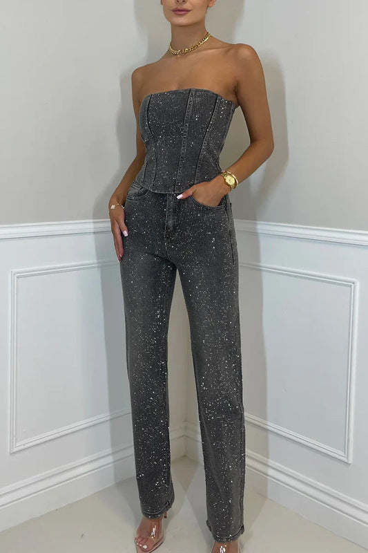 Reflective Embellished Two-Piece Top and Pants Set with Wide-Leg Pants for Women