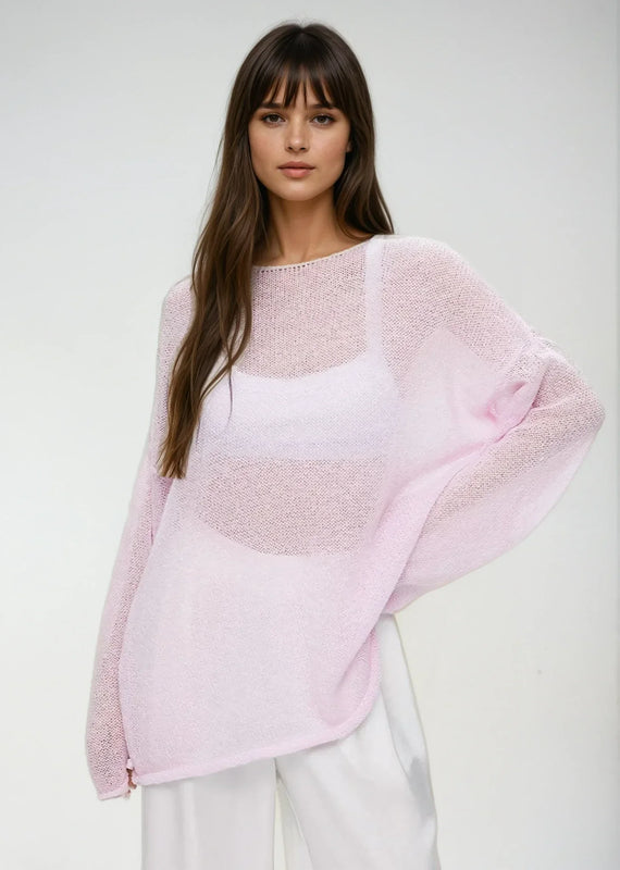 Relaxed Fit Sheer Knit Sweater with Boat Neckline for Women