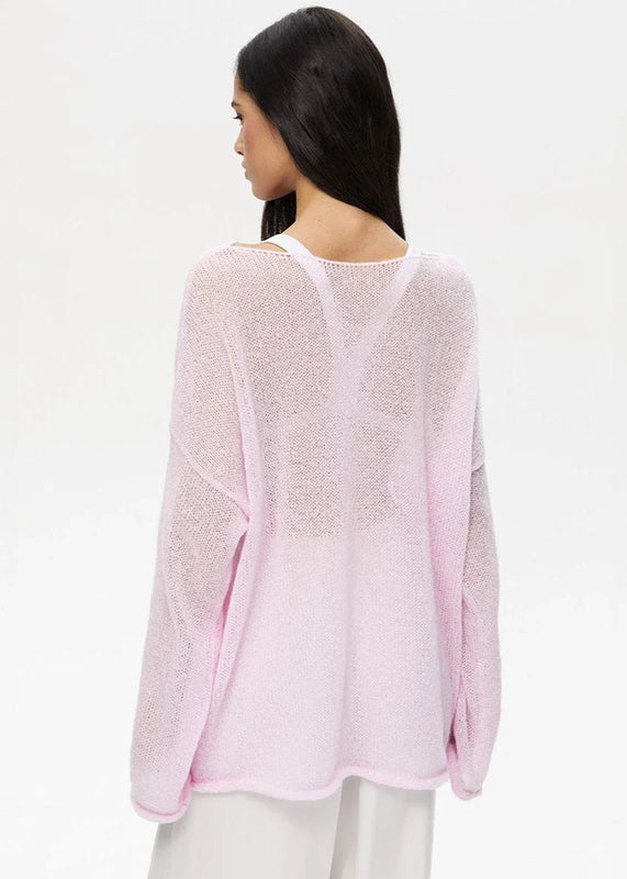 Relaxed Fit Sheer Knit Sweater with Boat Neckline for Women