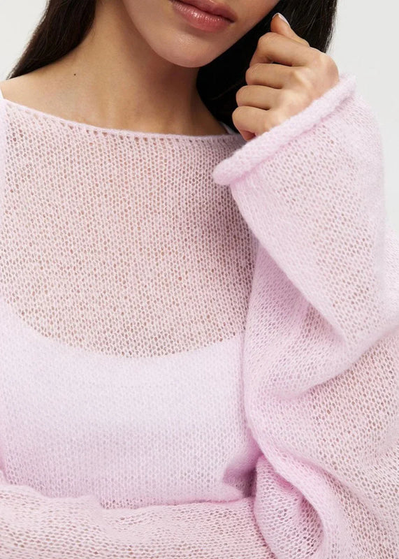 Relaxed Fit Sheer Knit Sweater with Boat Neckline for Women