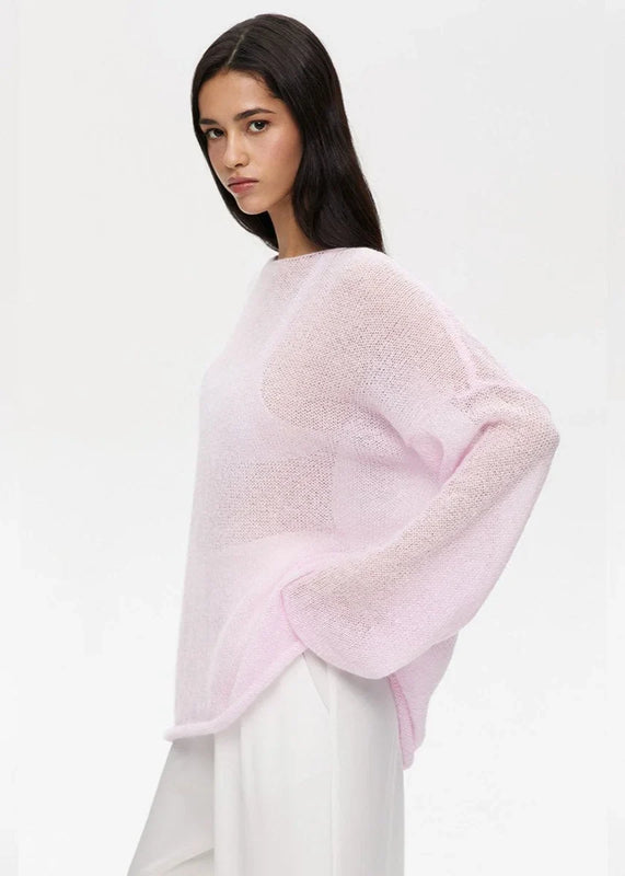Relaxed Fit Sheer Knit Sweater with Boat Neckline for Women