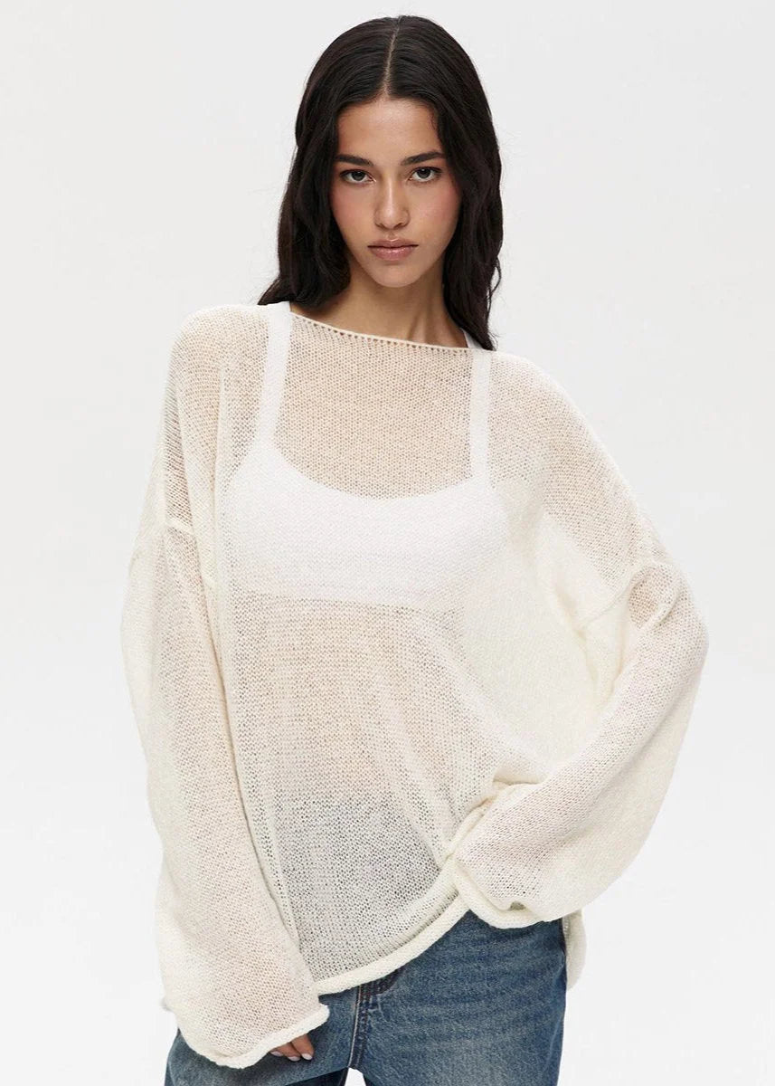 Relaxed Fit Sheer Knit Sweater with Boat Neckline for Women