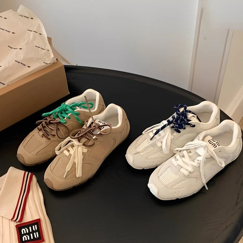 Retro Panel Low-Top Sneakers with Rounded Toe for Women