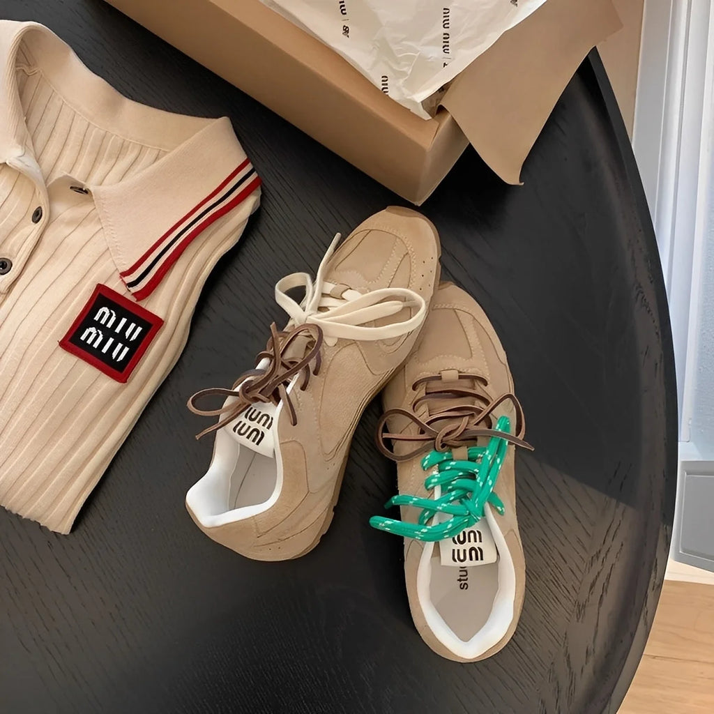 Retro Panel Low-Top Sneakers with Rounded Toe for Women