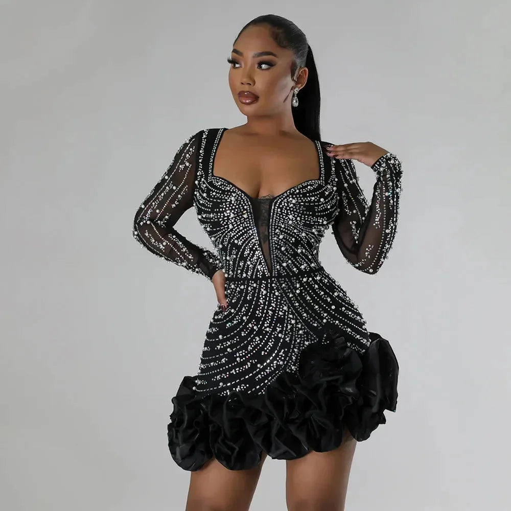 Rhinestone Party Dress with Ruffle Hem for Women