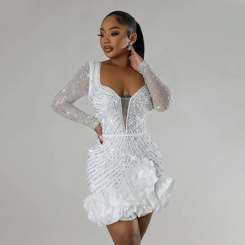 Rhinestone Party Dress with Ruffle Hem for Women