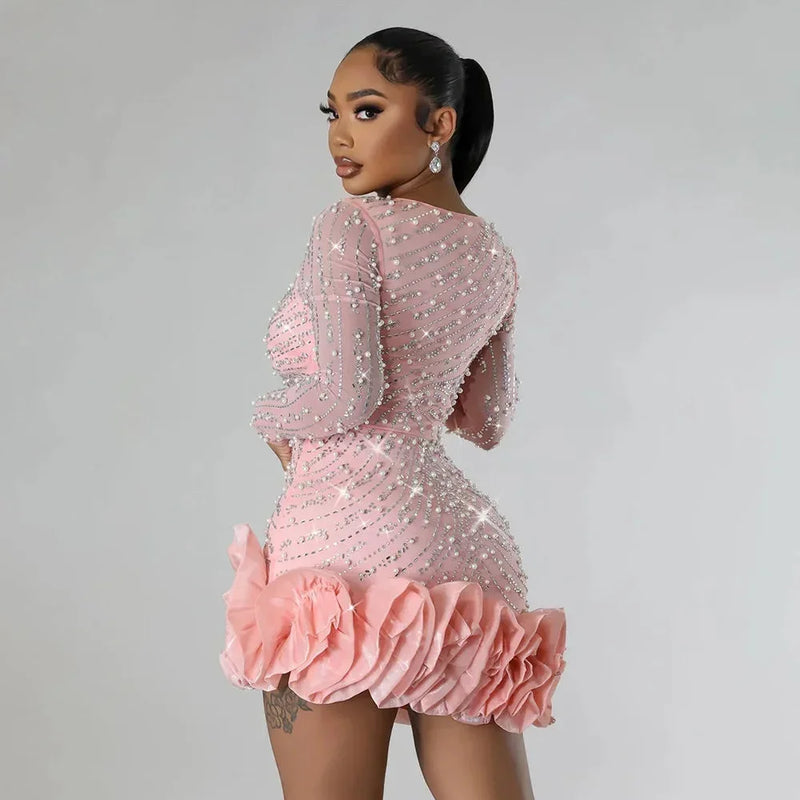 Rhinestone Party Dress with Ruffle Hem for Women