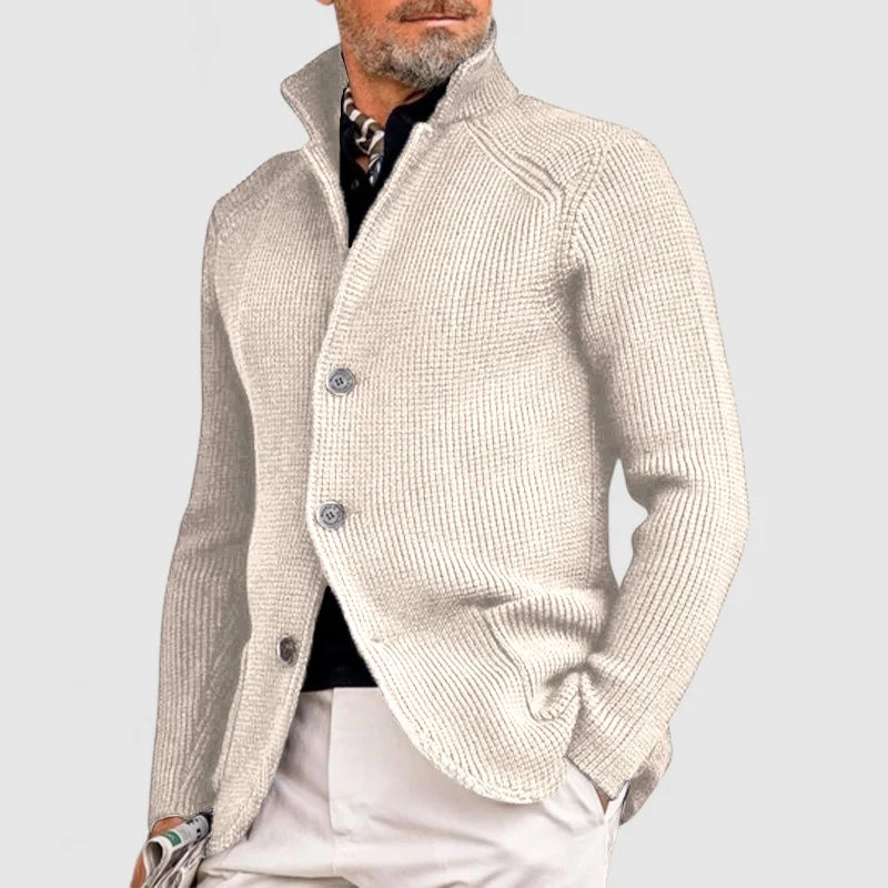 Ribbed Cardigan with Stand Collar and Buttons for men