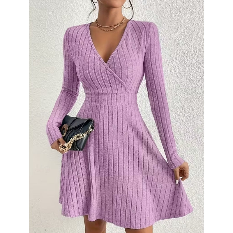 Ribbed Dress with Wrap Neckline and Flared Skirt for womens