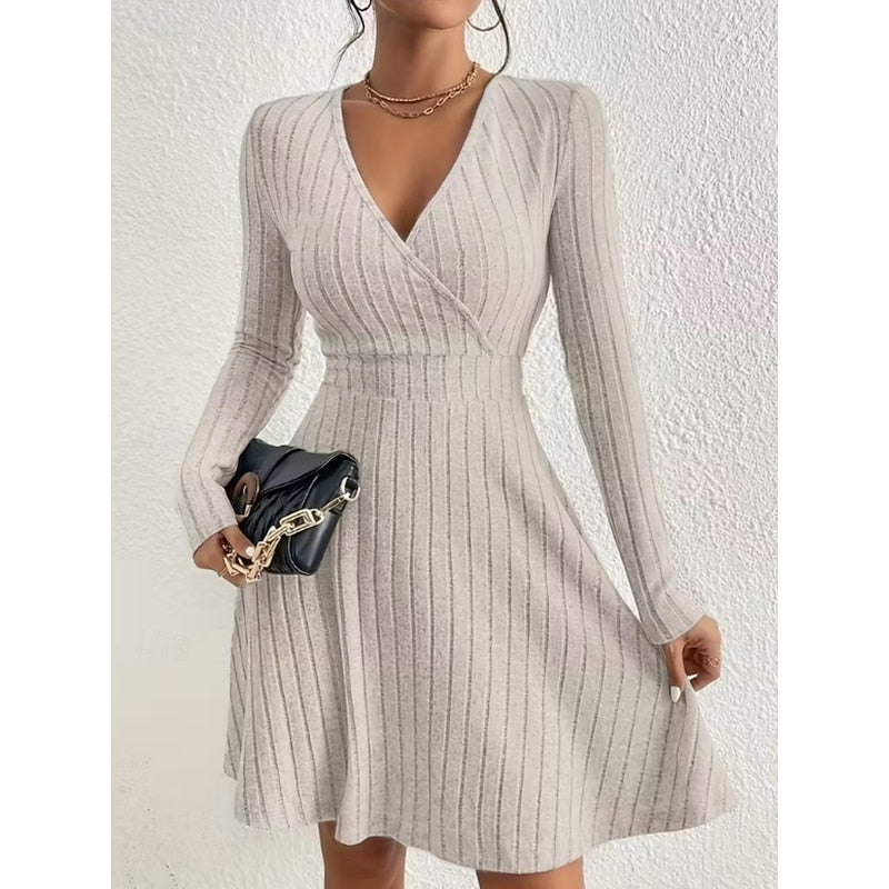 Ribbed Dress with Wrap Neckline and Flared Skirt for womens