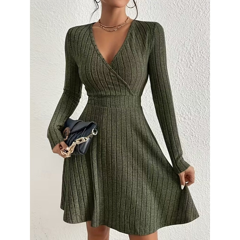 Ribbed Dress with Wrap Neckline and Flared Skirt for womens